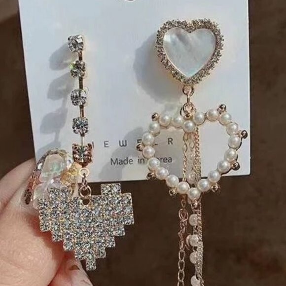 Mismatch Dangle Stud Earrings Hearts Pearl Beads and Pave NEW! 1247K2 - Picture 2 of 7